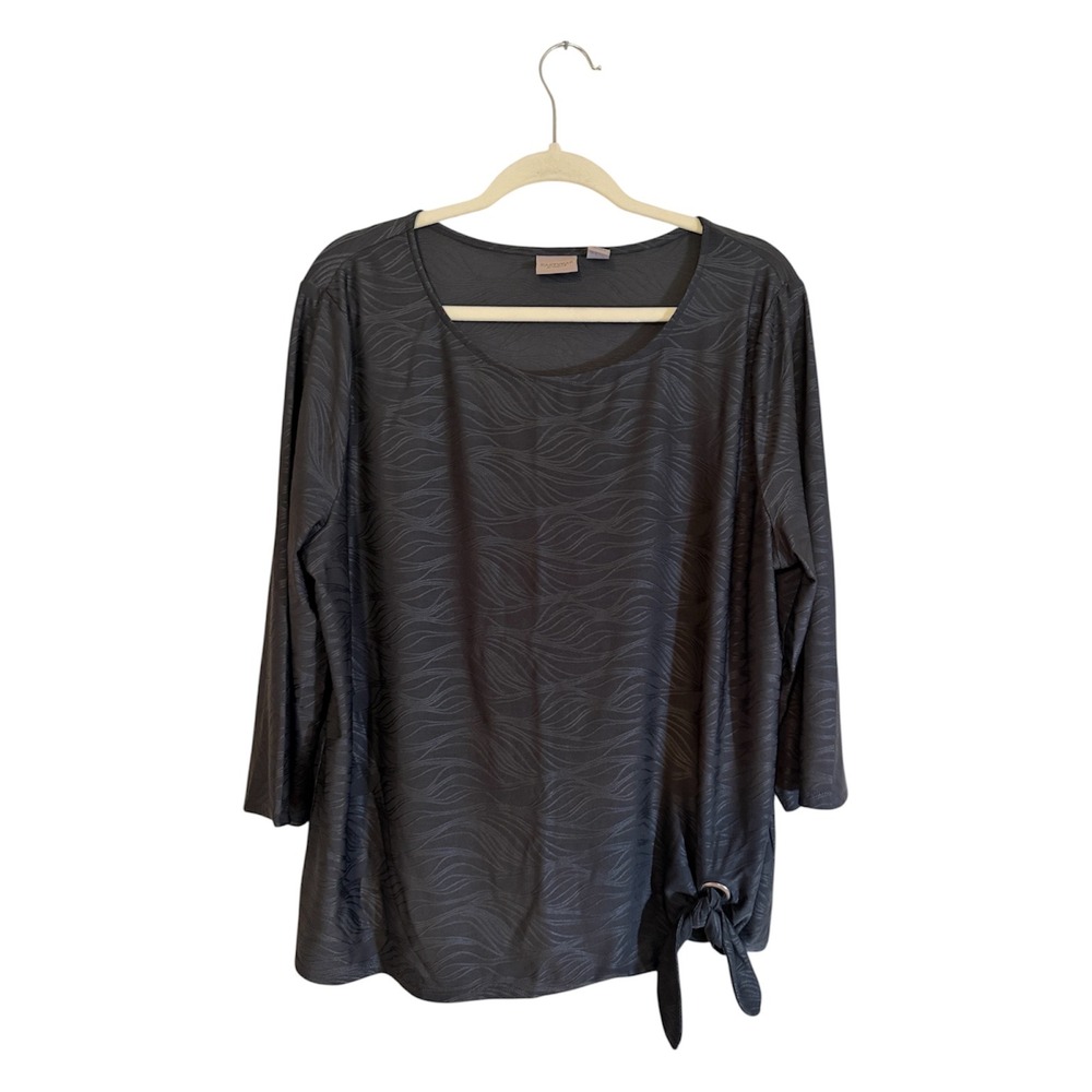 Easywear by Chicos Top Charcoal XL Black Side Tie Wave Pattern 3/4 Sleeve Blouse